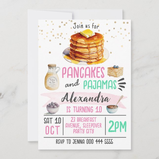 Pancakes and Pajamas Sleepover Birthday Invitation (Front)