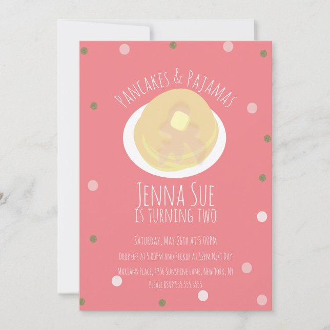 Pancakes and Pajamas Sleepover Girls Confetti Pink Invitation (Front)