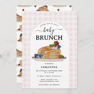 Pancakes Berries Brunch Pink Plaid Baby Shower Invitation
