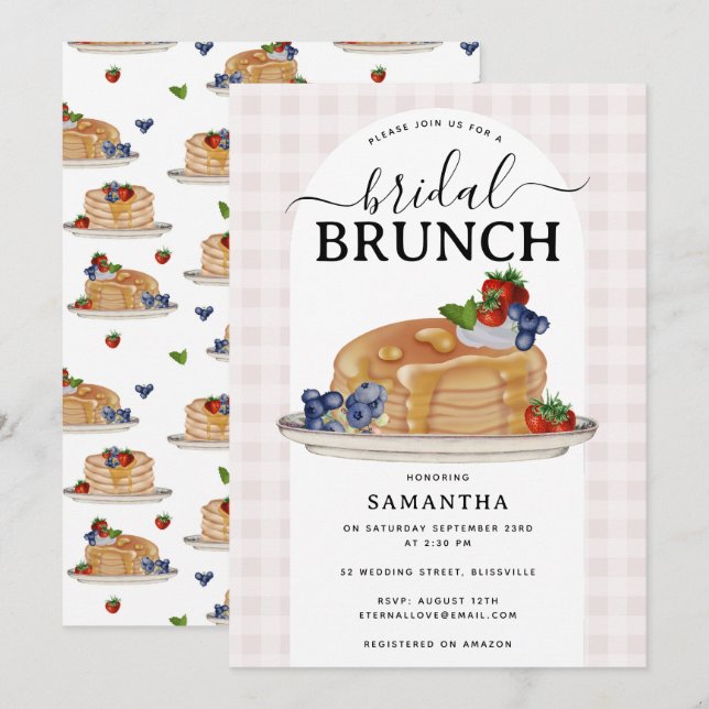 Pancakes Berries Brunch Pink Plaid Bridal Shower Invitation (Front/Back)