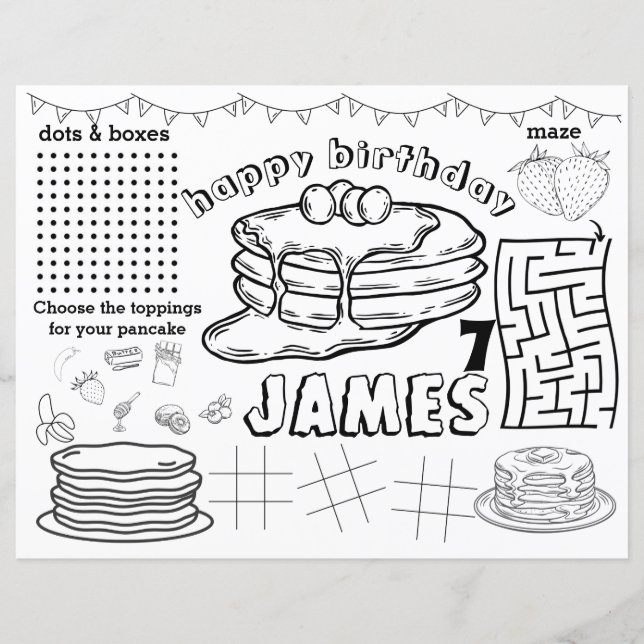 Pancakes birthday placemats, pancake activity page (Front)