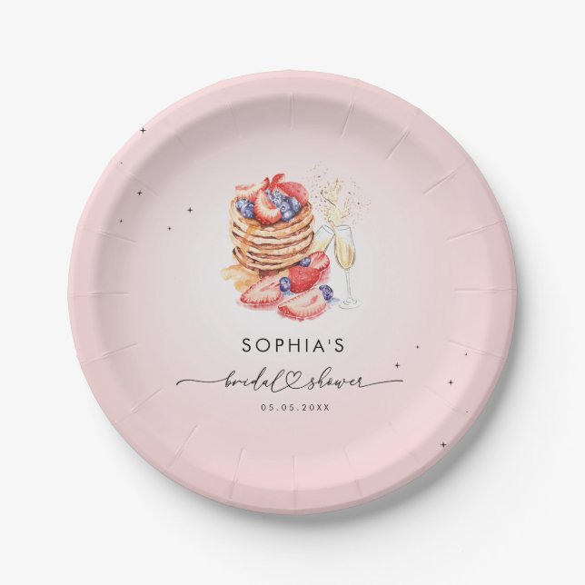 Pancakes Brunch & Bubbly Pink Bridal Shower Paper Plates (Front)
