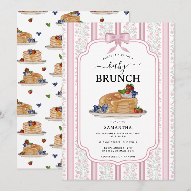 Pancakes Brunch Pink Botanical Baby Shower Invitation (Front/Back)