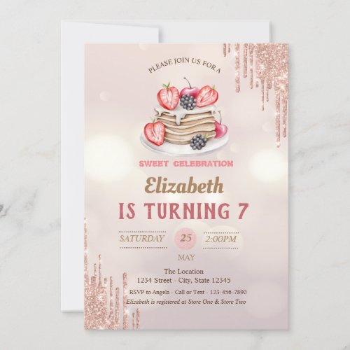 Pancakes Glitter Drips Bokeh Birthday Invitation