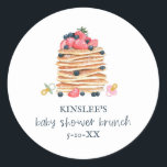 Pancakes & Pacifiers Baby Shower Brunch Classic Round Sticker<br><div class="desc">Watercolor illustration of stack of pancakes topped with fruit with pacifiers.</div>