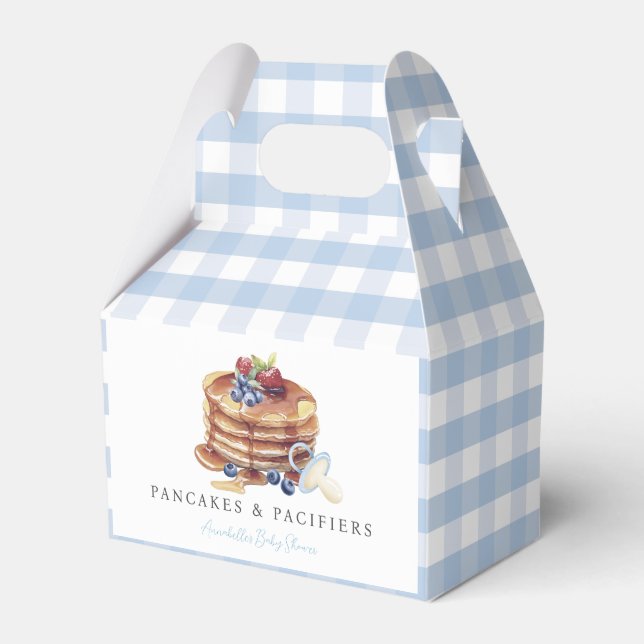 Pancakes & Pacifiers Blue Gingham Boy Baby Shower Favor Boxes (Front Side)