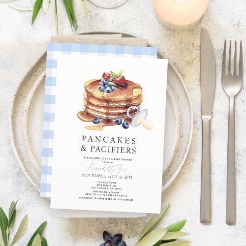 Pancakes  Pacifiers Blue Gingham Boy Baby Shower Invitation