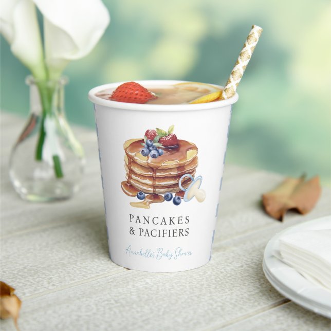 Pancakes & Pacifiers Blue Gingham Boy Baby Shower Paper Cups (Insitu)