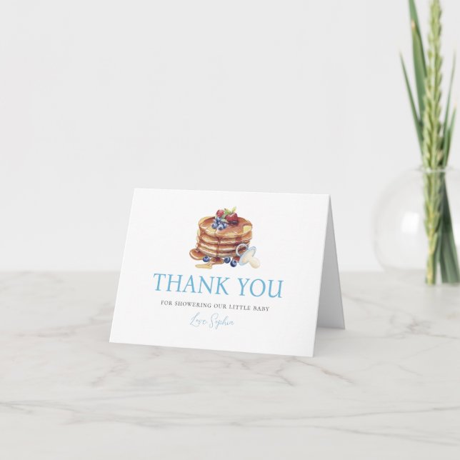 Pancakes & Pacifiers Blue Gingham Boy Baby Shower Thank You Card (Front)