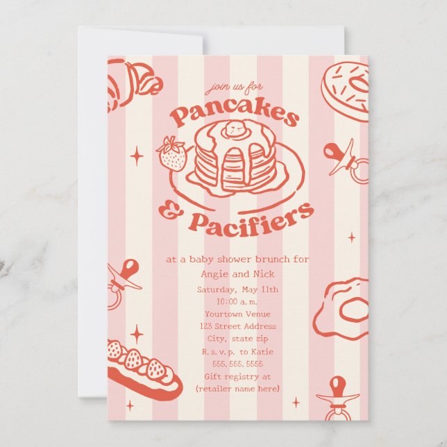 Pancakes Pacifiers Doodle Girl Baby Shower Brunch Invitation (Front)