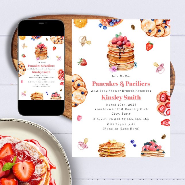 Pancakes & Pacifiers Girl Baby Shower Breakfast Invitation (Creator Uploaded)