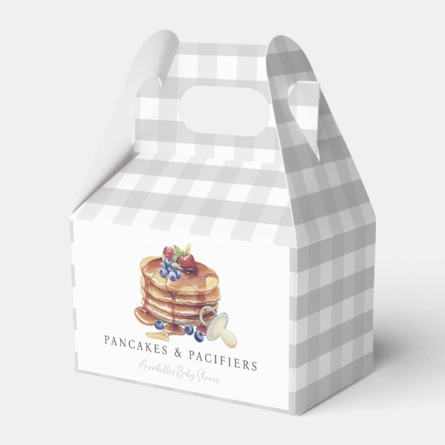 Pancakes & Pacifiers Gray Gingham Baby Shower Favor Boxes (Front Side)