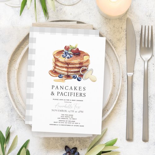 Pancakes  Pacifiers Gray Gingham Baby Shower Invitation