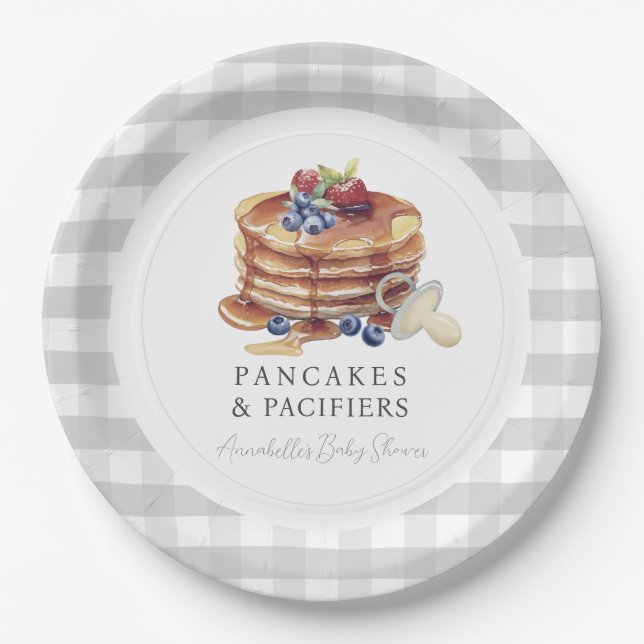Pancakes & Pacifiers Gray Gingham Baby Shower Paper Plates (Front)