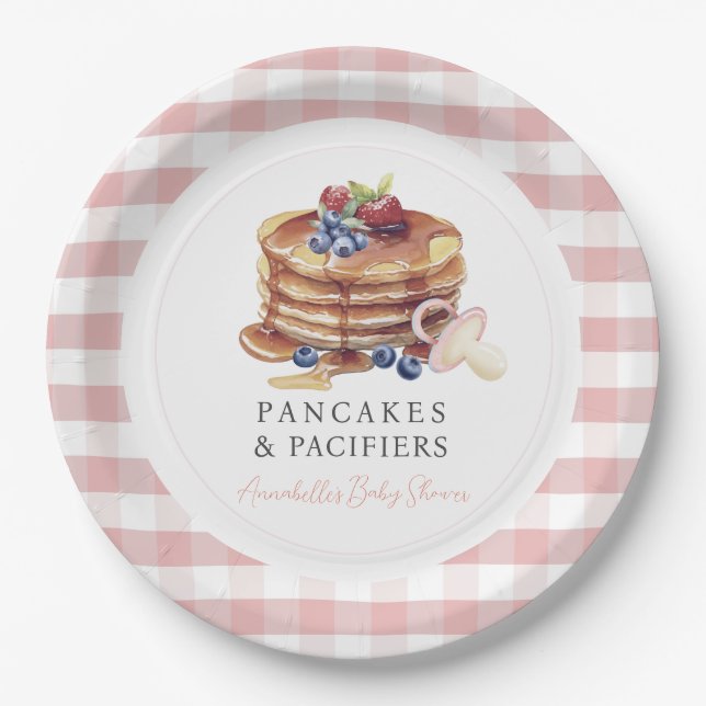 Pancakes & Pacifiers Pink Gingham Boy Baby Shower Paper Plates (Front)