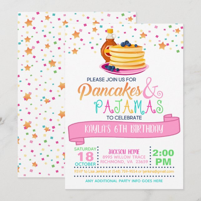 Pancakes & Pajamas Birthday Invitation - White (Front/Back)