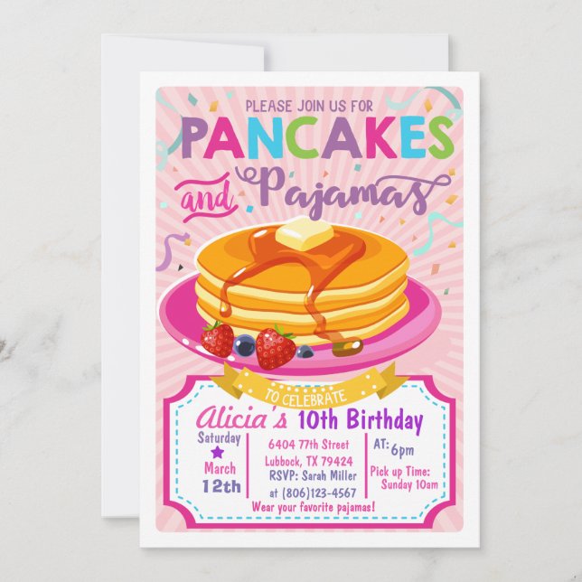 Pancakes Pajamas Birthday invite Girl party (Front)