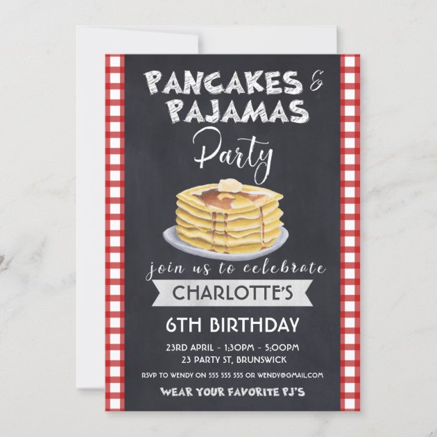 Pancakes And Pajamas Invitation Invite Birthday Chalkboard ANY AGE Digital 5x7 Plaid Red Buffalo Kids