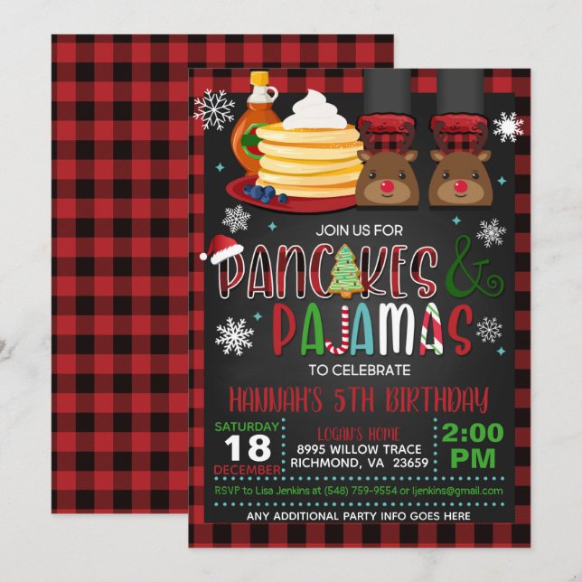 Pancakes & Pajamas Christmas Birthday Invitation B (Front/Back)