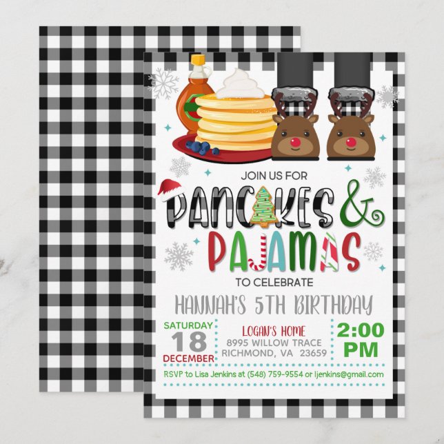 Pancakes & Pajamas Christmas Birthday Invitation G (Front/Back)