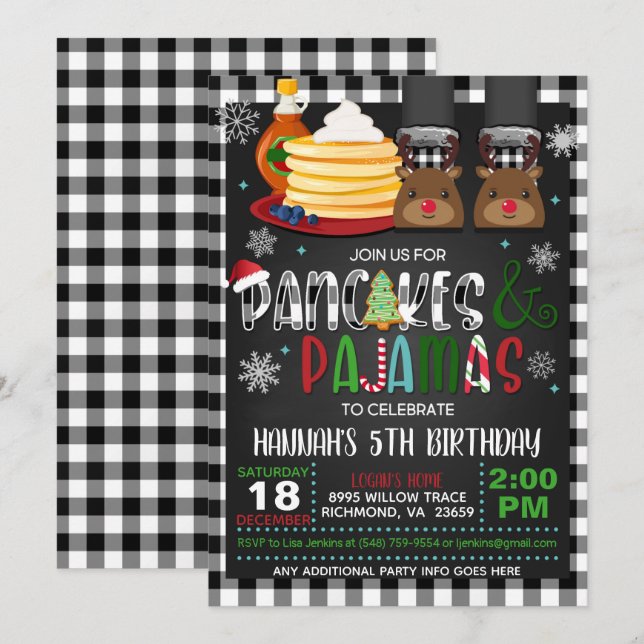 Pancakes & Pajamas Christmas Birthday Invitation R (Front/Back)