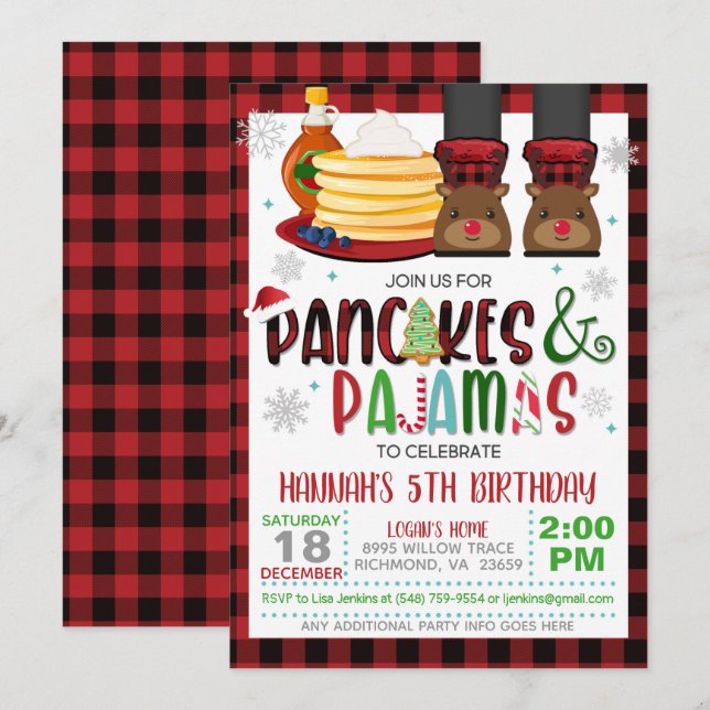 Pancakes & Pajamas Christmas Birthday Invitation W (Front/Back)
