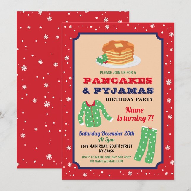 Pancakes & Pajamas Christmas Party Birthday Blue Invitation (Front/Back)