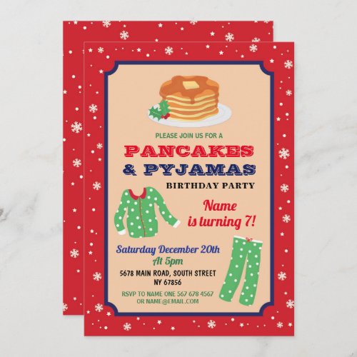 Pancakes  Pajamas Christmas Party Birthday Blue Invitation