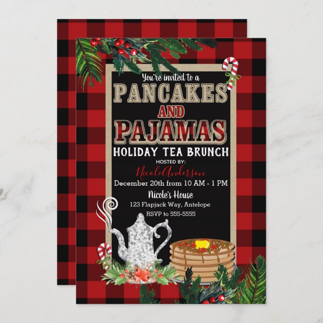 Pancakes & Pajamas Holiday Tea Brunch Rustic Plaid Invitation (Front/Back)