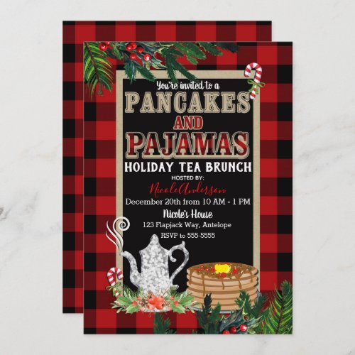 Pancakes  Pajamas Holiday Tea Brunch Rustic Plaid Invitation