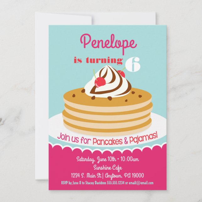 Pancakes Pajamas Invitation Girls Birthday Party (Front)