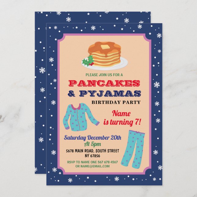Pancakes & Pajamas Party Christmas Birthday Blue Invitation (Front/Back)