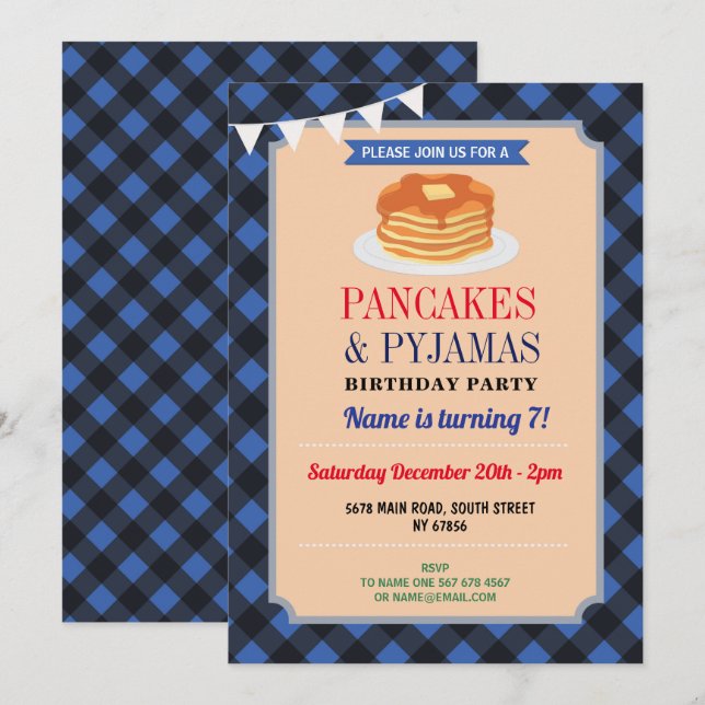 Pancakes & Pajamas Party Christmas Pyjamas Blue Invitation (Front/Back)