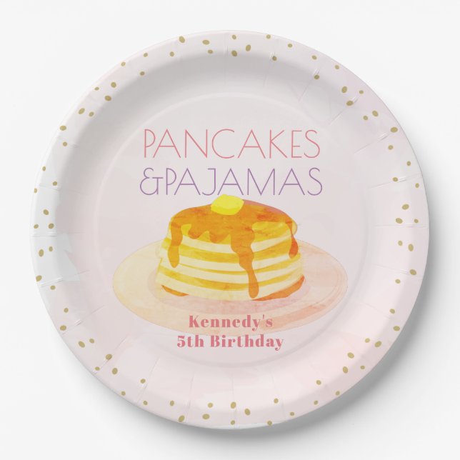 Pancakes & Pajamas Pink Gold Birthday Paper Plate (Front)