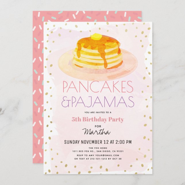 Pancakes & Pajamas Pink Gold Girl Birthday Invitation (Front/Back)