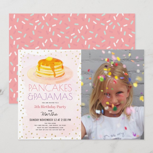 Pancakes & Pajamas Pink Gold Girl Photo Birthday Invitation (Front/Back)