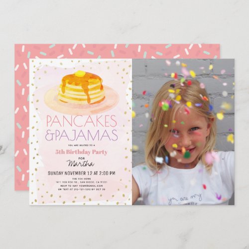 Pancakes  Pajamas Pink Gold Girl Photo Birthday Invitation