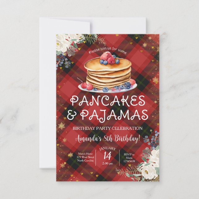 Pancakes & Pajamas Red Plaid Christmas Birthday Invitation (Front)