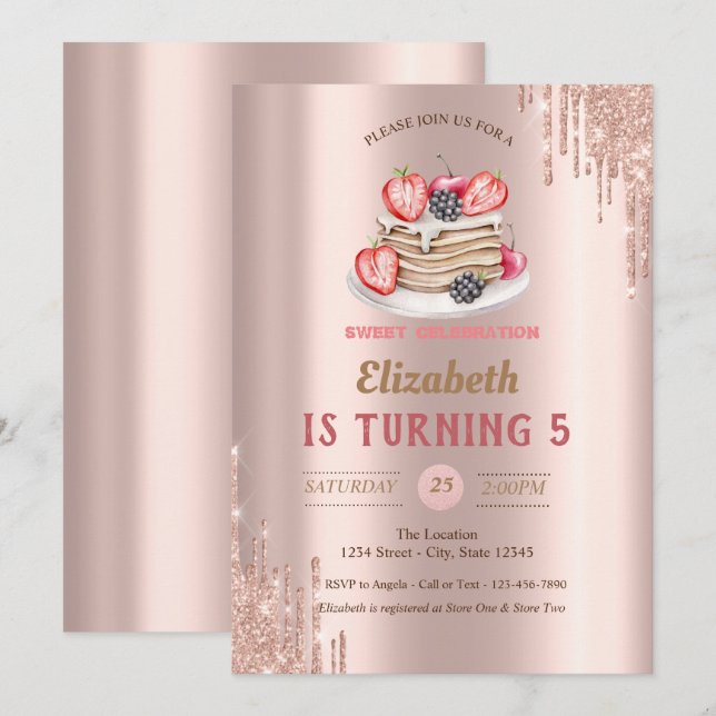 Pancakes,Rose Gold Drips Birthday Invitation (Front/Back)