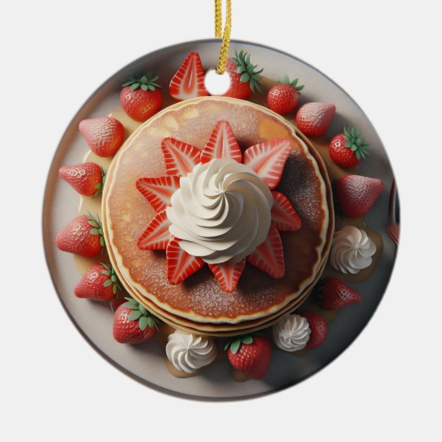 Pancakes Whipped Cream and Strawberries Christmas Ceramic Ornament (Front)