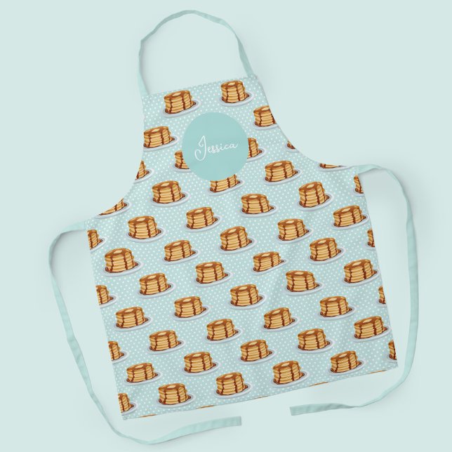 Pancakes with Maple Syrup & Polkadot Pattern Apron (Pancake Pattern Apron with Custom Name)