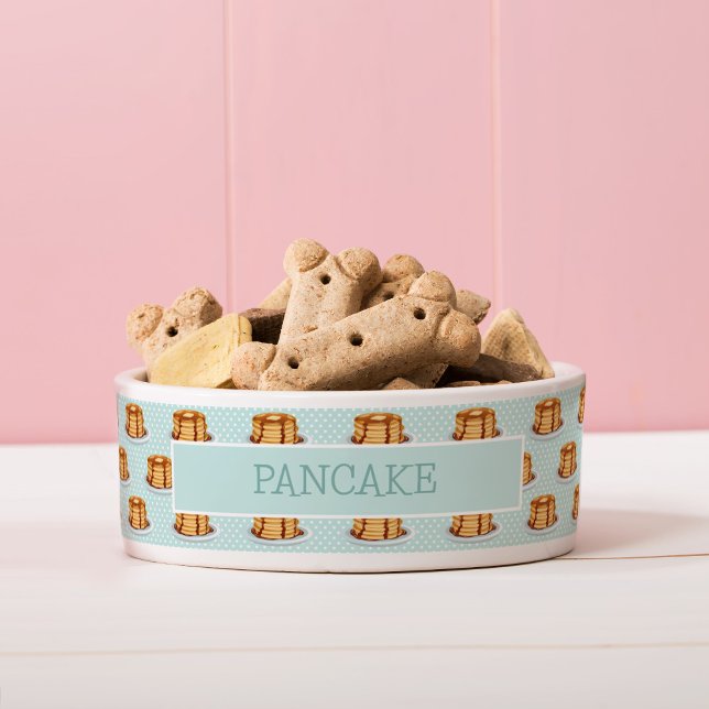 Pancakes with Maple Syrup & Polkadot Pattern Bowl (Pancake Pattern Dog Bowl with Custom Name & custom background colour)