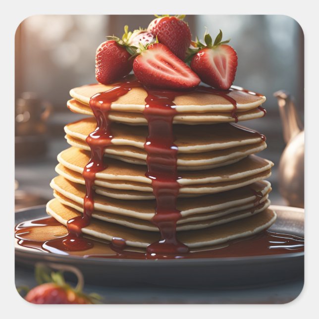 Pancakes with Strawberries Square Sticker (Front)