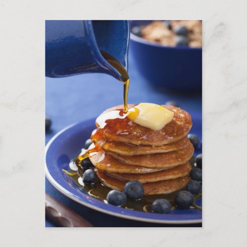Pancakes with syrup and blueberry postcard