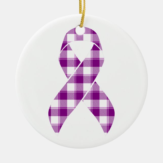 Pancreatic Cancer Awareness Plaid Purple Ribbon Ceramic Ornament (Front)