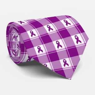 Pancreatic Cancer Awareness Plaid Purple Ribbon Neck Tie
