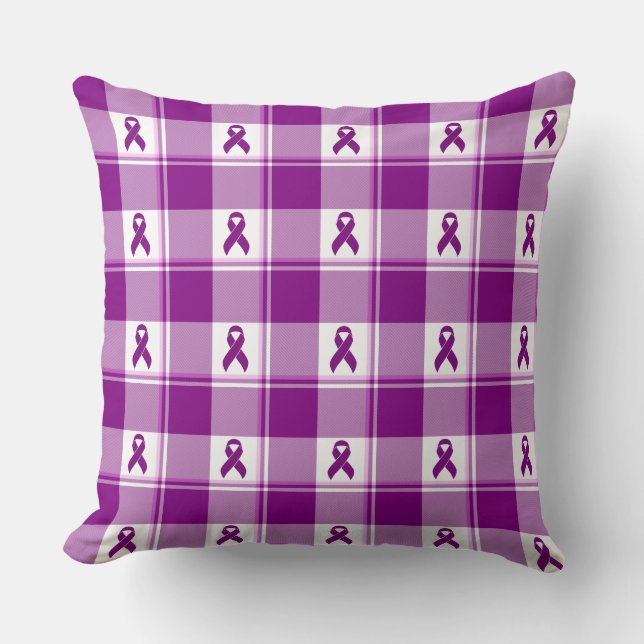 Pancreatic Cancer Awareness Plaid Purple Ribbon Throw Pillow (Front)