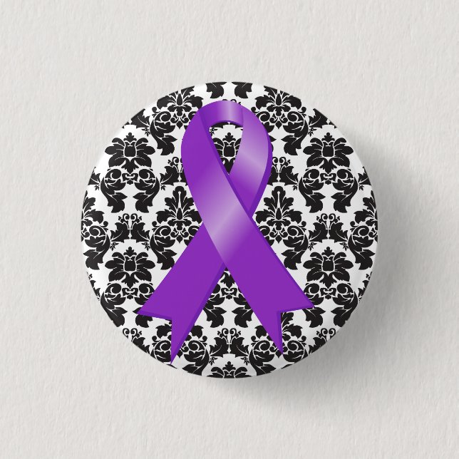 Pancreatic Cancer Damask Purple Ribbon Button (Front)