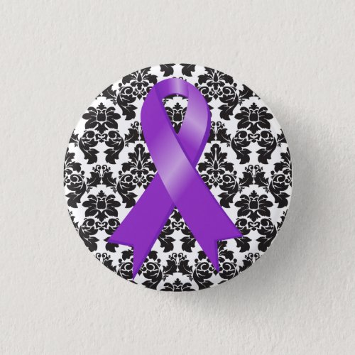 Pancreatic Cancer Damask Purple Ribbon Button