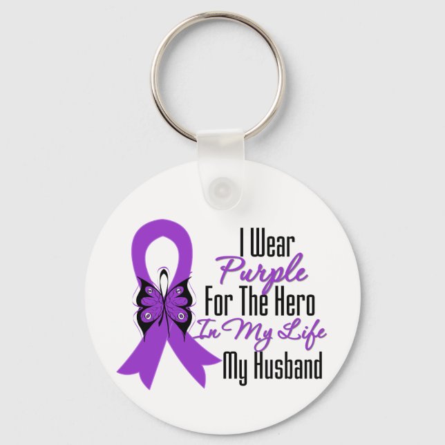 Pancreatic Cancer Ribbon My Hero My Husband Keychain (Front)
